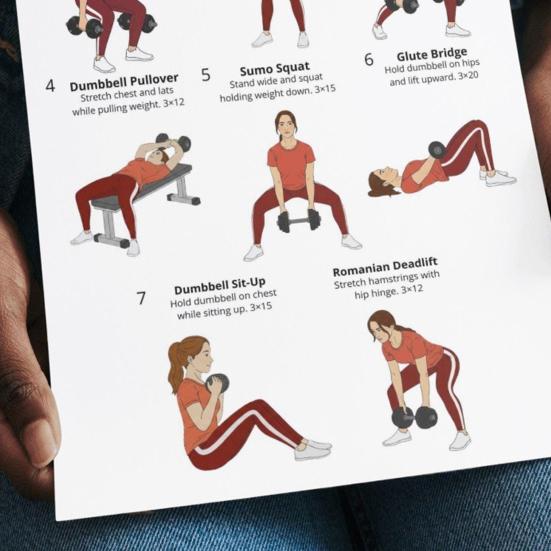 4ks Celotělový tréninkový plán s jednoručkami 4týdenní progresivní tréninkový průvodce Krok za krokem ilustrace cviků pro spalování tuků nabírání svalové hmoty použití v domácí posilovně