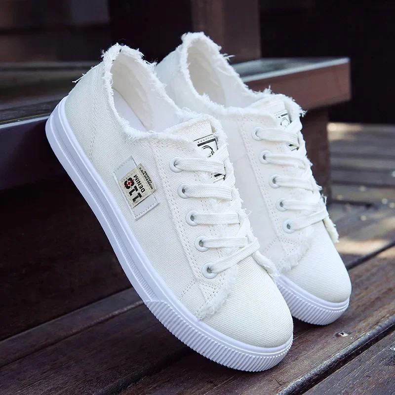 Outdoor Walking Trainers Women Running Shoes Summer Fashion White Canvas  Lace-Up Breathable Jogging Casual Sneakers