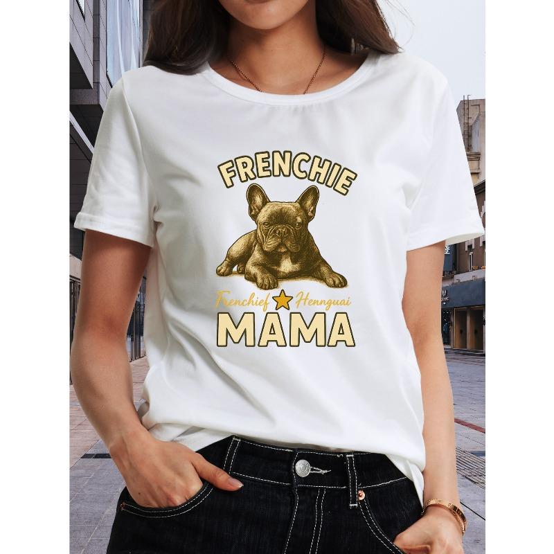 Female "Bulldog" Cute Pet Print Short-sleeved Shirt, This Is A Round-neck Printed T-shirt with A Pattern. Suitable for Women's Clothing