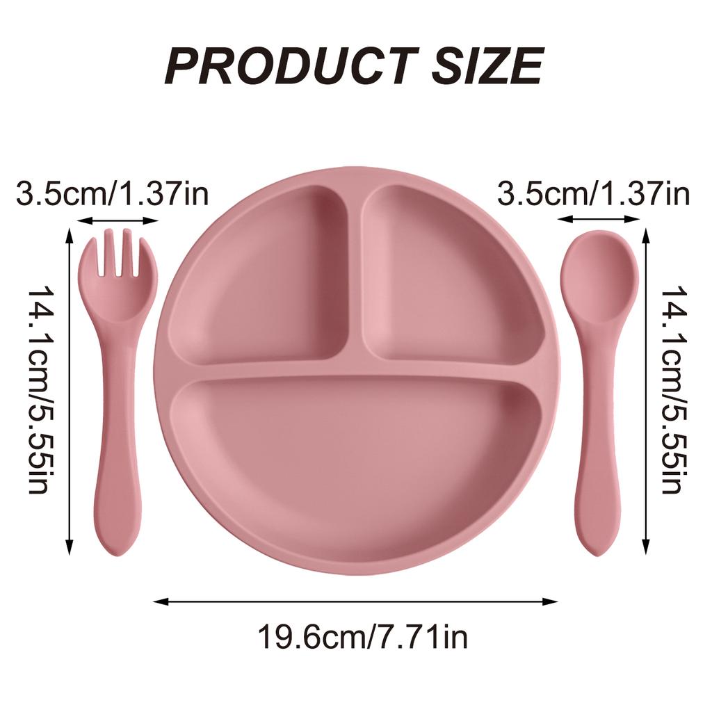 Color Kids 3PCS Silicone Baby Feeding Set Suction Plate Wooden Spoon Fork BPA Free Training Tableware Dish Bowl Gift Set