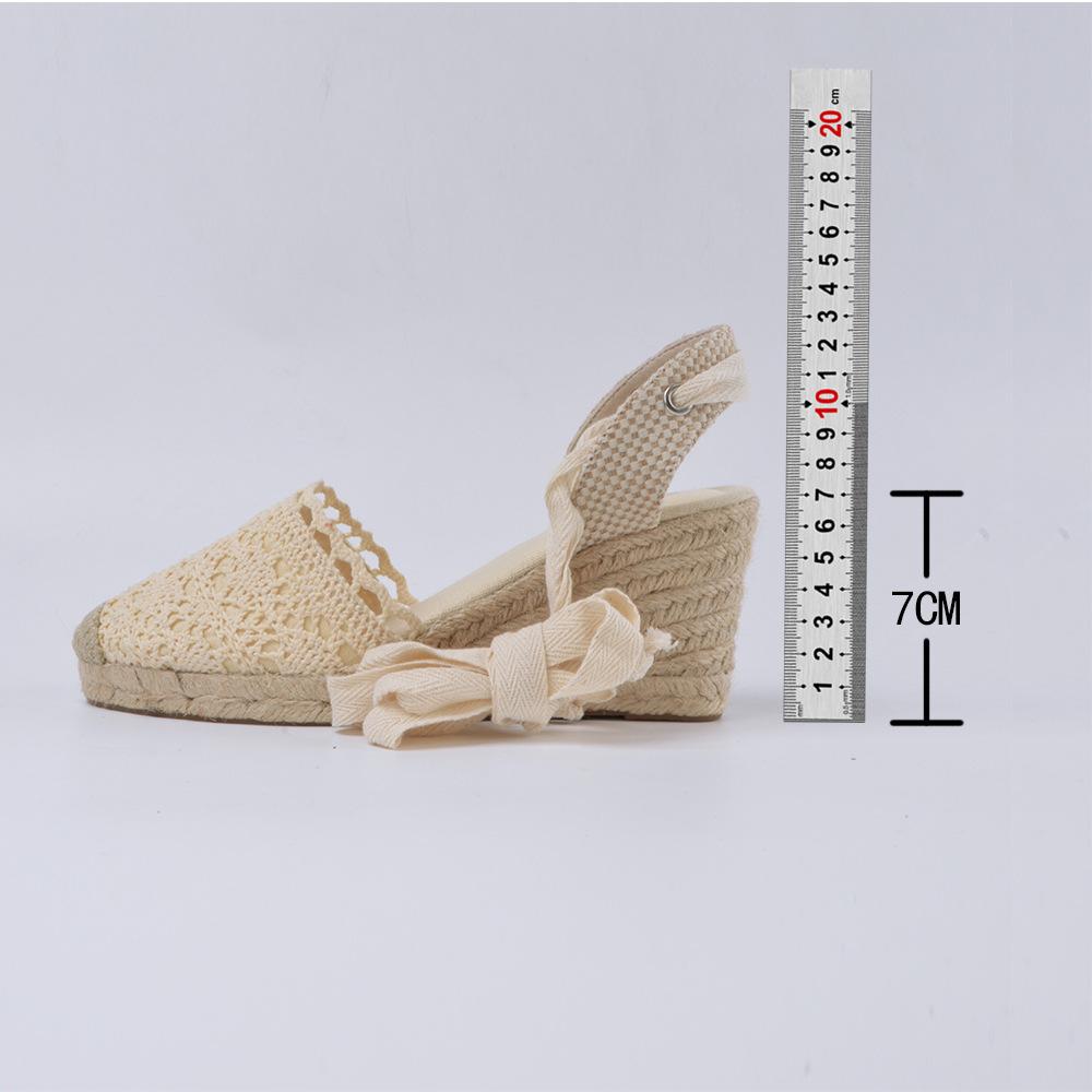 2025 Summer New Lace High-heeled Sandals Platform-soled Casual Hemp Rope Wedge Heel Sandals Rear Empty Lace-up Hemp Sole Sandals