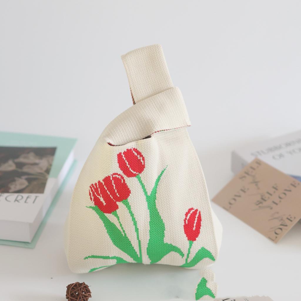 Women's Knot Wrist Bag Handmade Knitted Bag Portable Mini Striped Tote Bucket Phone Bags Large Capacity Autumn Winter Handbags