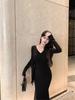 Elegantes V-Ausschnitt Schnürung Langarm Fishtail-Kleid für Damen - Schlankmachender Herbst/Winter Stil