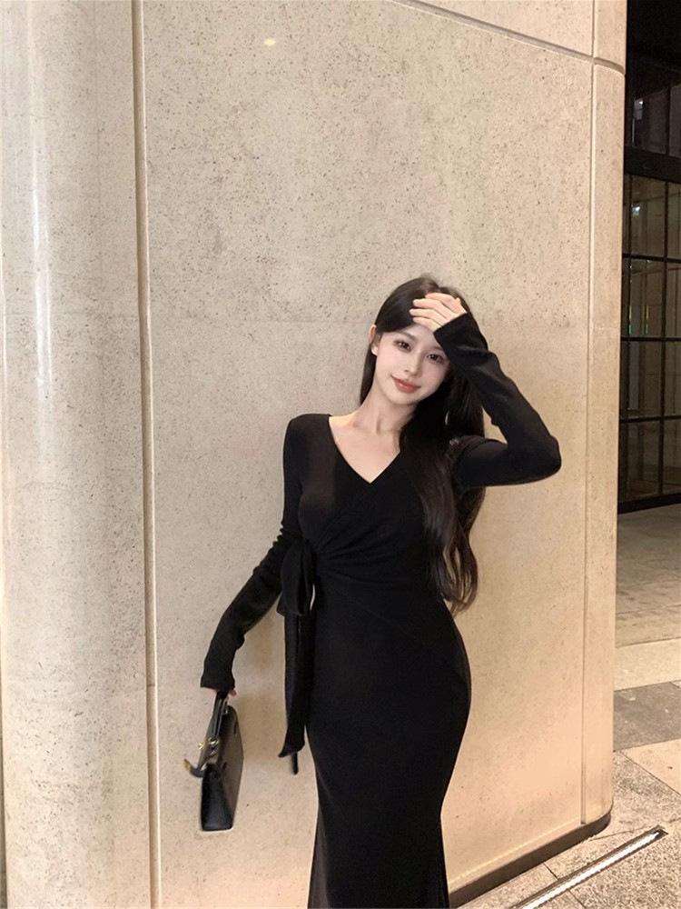 Elegantes V-Ausschnitt Schnürung Langarm Fishtail-Kleid für Damen - Schlankmachender Herbst/Winter Stil