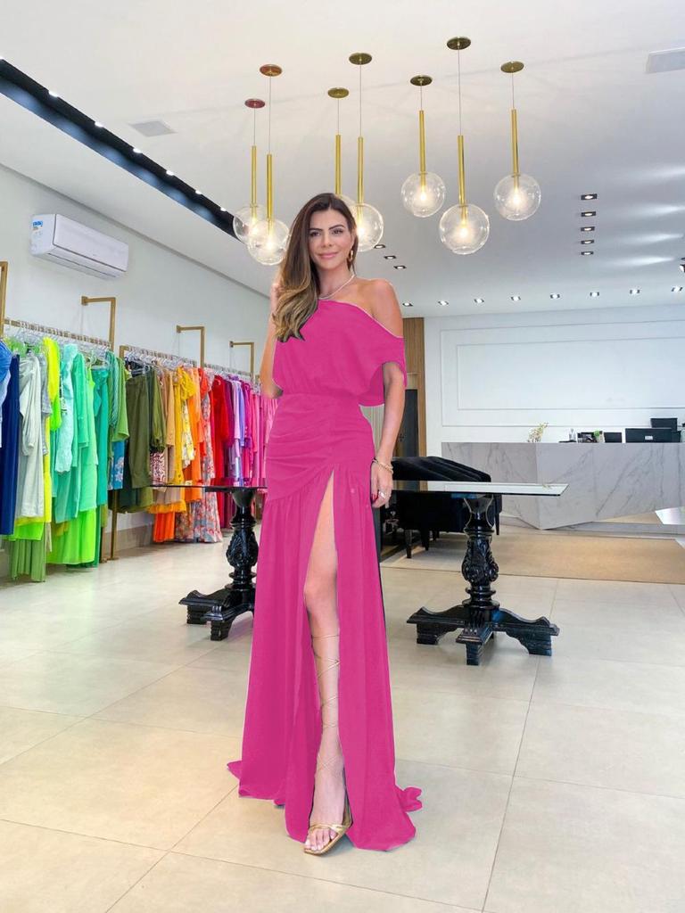 2023 Buntes One-Shoulder Abendkleid mit Schlitz und tailliertem Bund