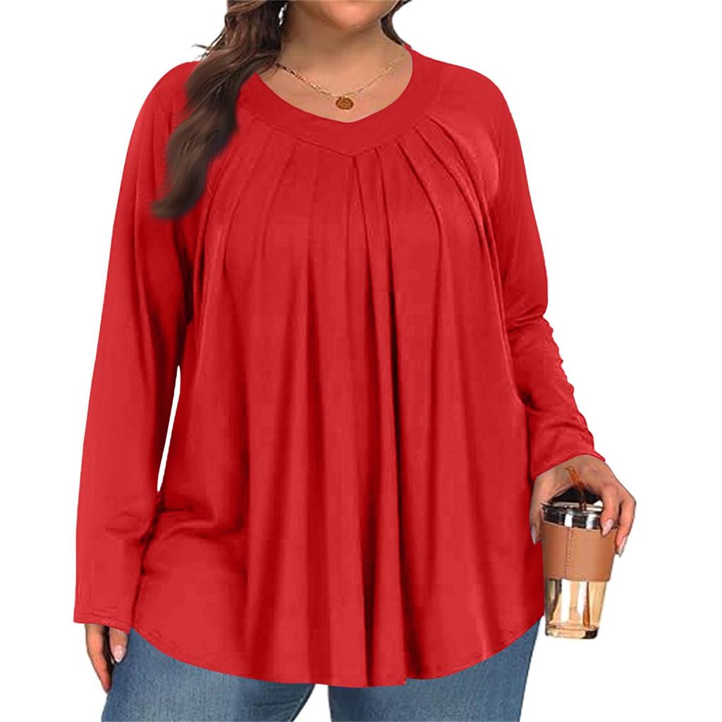 Women's Plus Size Fashion Solid Colour Casual Pleated Round Neck Long Sleeve Top