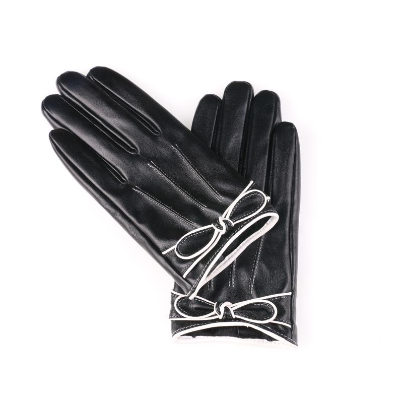 Autumn and Winter Warm Gloves Outdoor Driving and Riding Cute Bows Winter Plus Velvet Thickened PU Leather Touch Screen Gloves