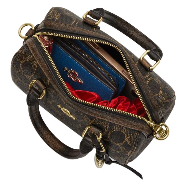 Coach Brown Signature Canvas Mini Rowan Duffle Bag with Leather Trim & Gold Hardware for Daily Use