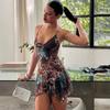 Women's Floral Mini Dress, Spaghetti Strap V Neck Ruffle Hem Sundress, Flowy Summer Dress for Vacation Beach Party