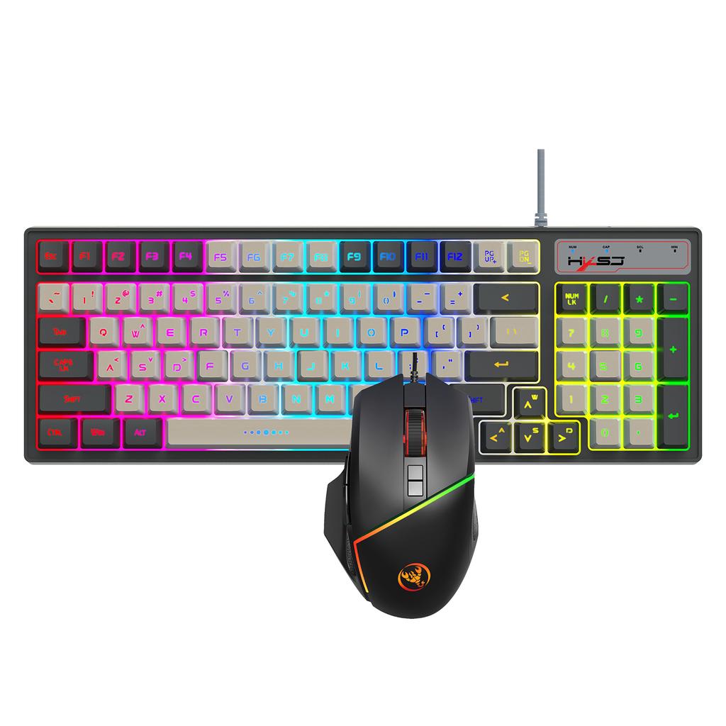 HXSJ Wired Keyboard and Mice Combo with Mice Pad 96 Keys Compact Keyboard with Colorful Lights 4 Adjustable Speeds