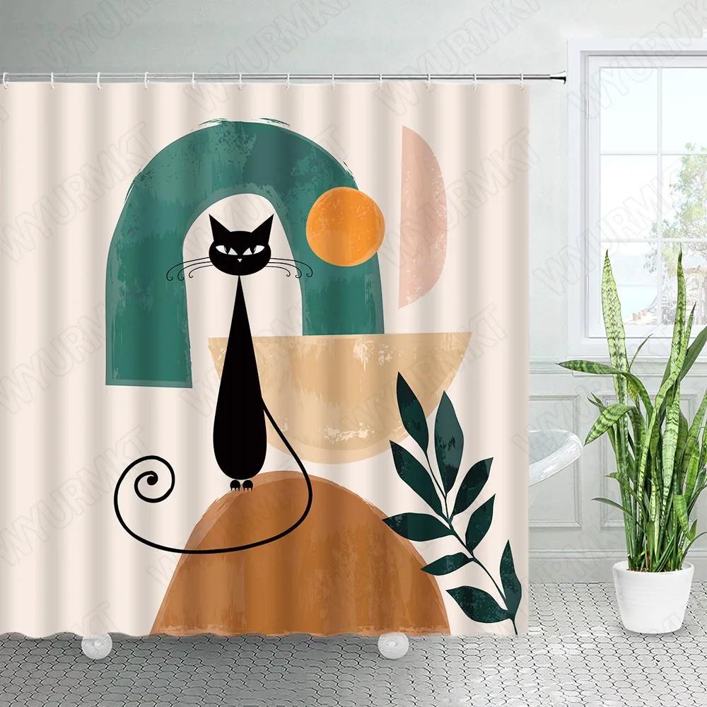 Abstract Mid Century Shower Curtain For Bathroom Decor Modern Boho Minimalistic Semicircle Curve Aesthetic Fabric Bath Curtains