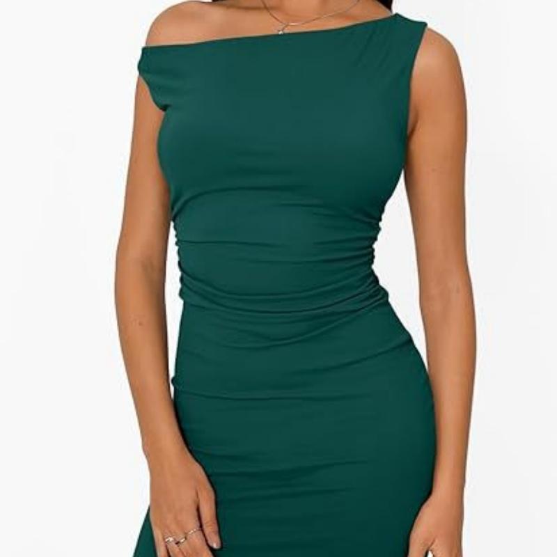 Women's off-shoulder neckline, gathered waist sleeveless bodycon dress