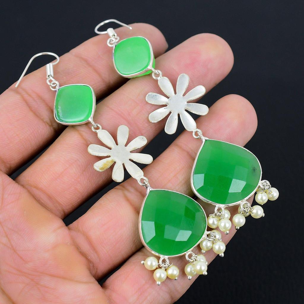 Mothers day Deal Sterling Silver Pear Green Chalcedony Stone Dangle New Earrings