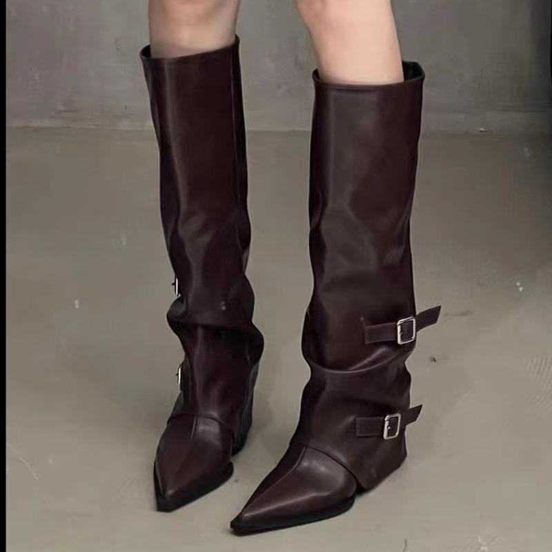 Fashion Women's Knee High Boots Fashion Thick-heeled Pointe Leather Boots Designer Belt Buckle High-Tube Long Boots Women Knight Booties