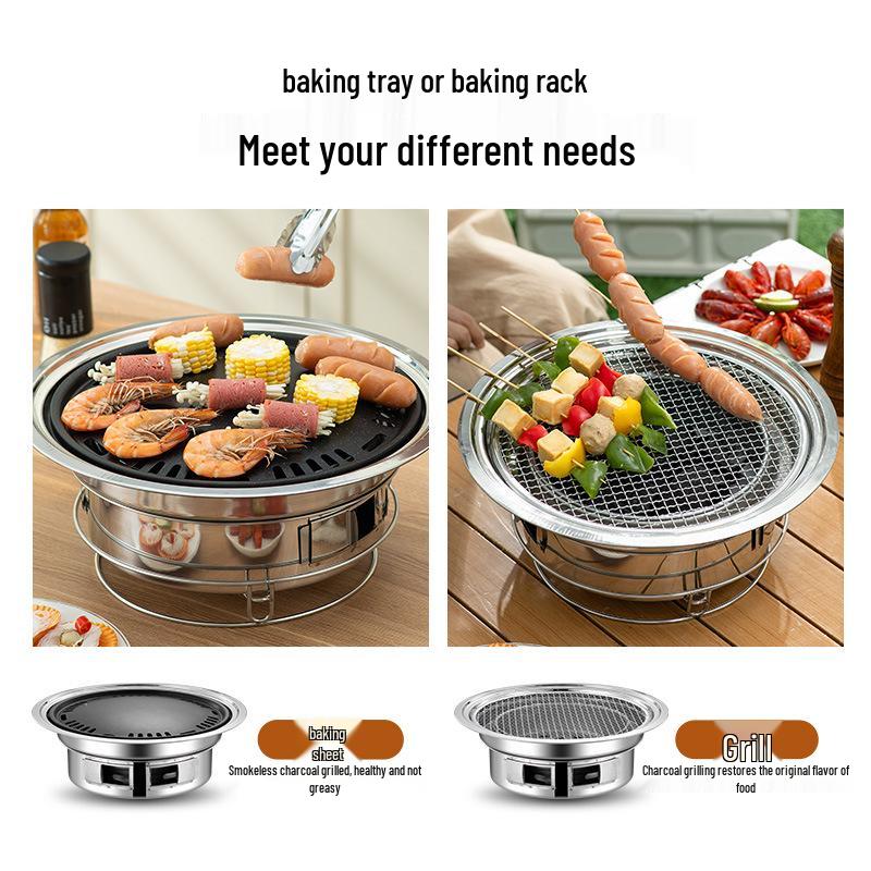 Korean-Style Stainless Steel Round BBQ Grill & Fire Pit with Non-stick Baking Pan