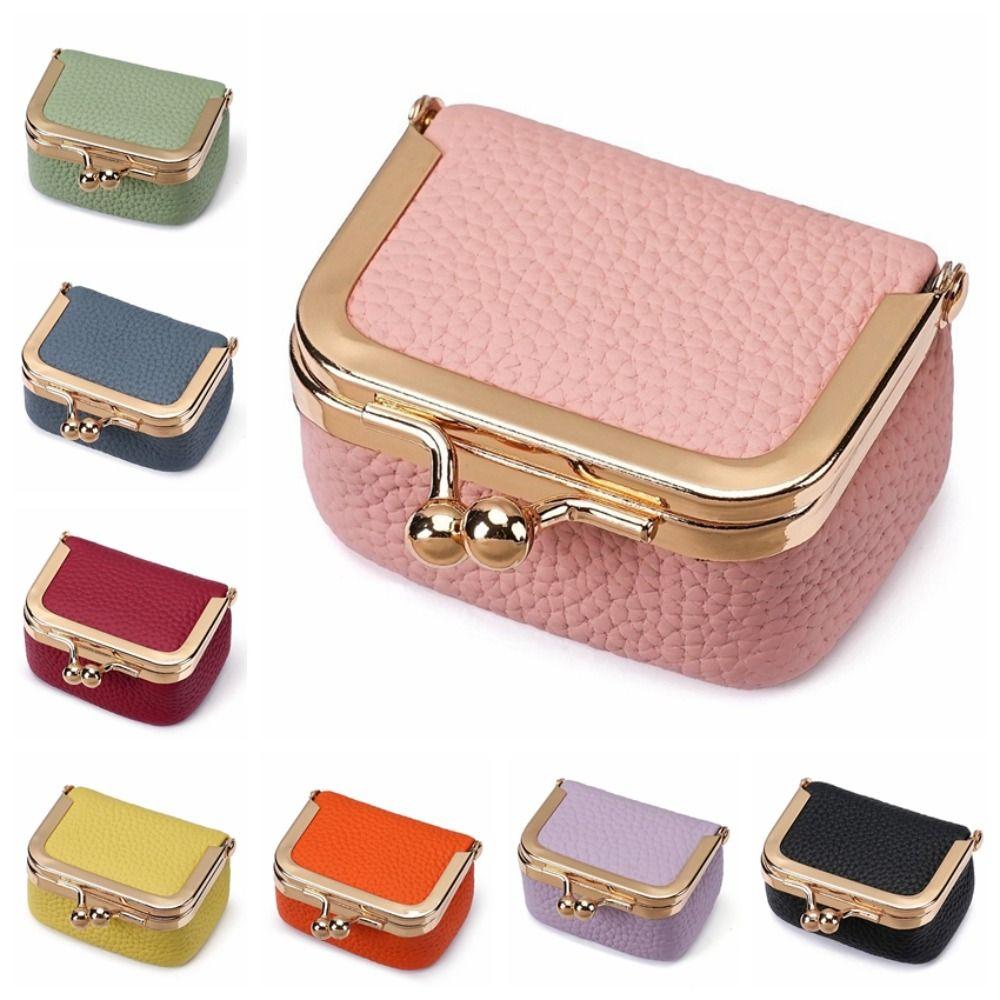 Solid Color Kiss Lock Coin Purse Genuine Leather Small Item Bag Leather Jewelry Bag  Earrings