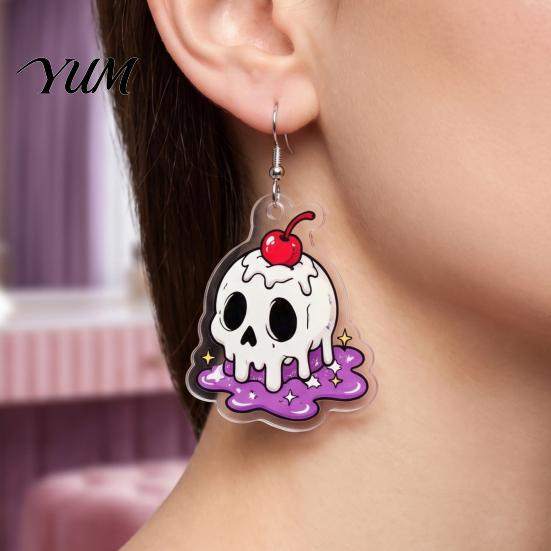 Lightweight Cartoon Pendant 1 Pair Acrylic Halloween Earrings for Women, 2D Flat Cute Unique Gothic Dangle Ghost Skull Drop Earrings, Holiday Jewelry