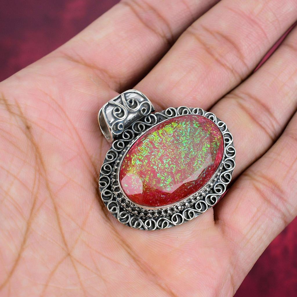 Pink Triplet Opal Jewelry, Gemstone Handmade 925 Solid Sterling Silver Jewelry Pendant, For Wedding Gift
