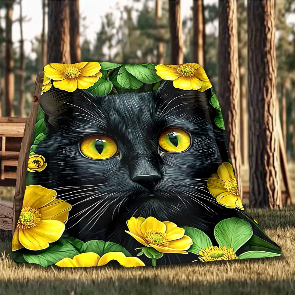 1pc Black Cat Print Print Outdoor Blanket, Lightweight Polyester,