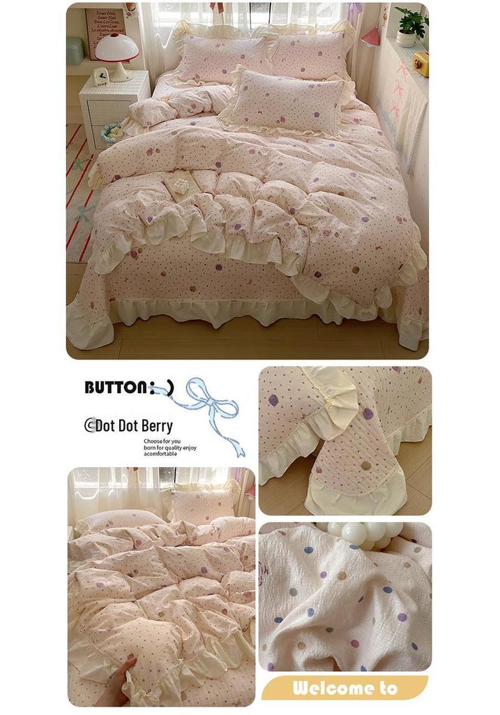 Princess Style Crinkled Gauze Lace Bedding Set - 4-Piece Washable Cotton Plaid Double Duvet Cover for All Seasons