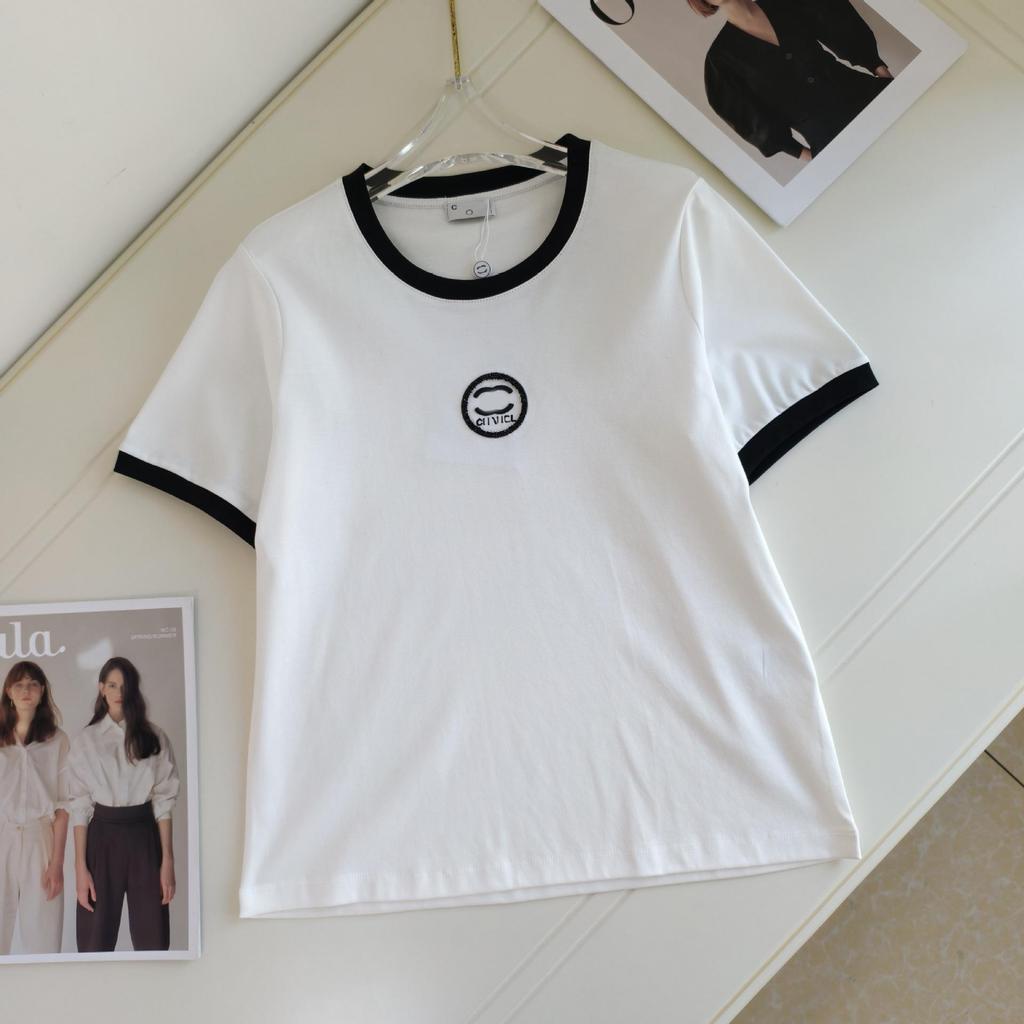 New Season Embroidered Letter Color Block Round Neck T-Shirt