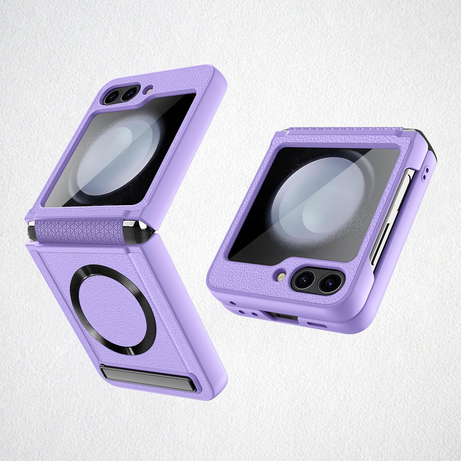 Für Samsung Galaxy Z Flip 5 Lederhülle mit unsichtbarem Ständer Magnetisches kabelloses Laden Faltbares Scharnier Schutzhülle For Galaxy Z Flip 5 violett