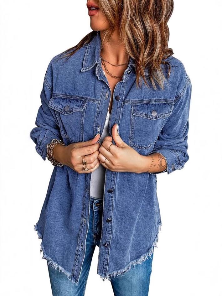 Women's Oversized Distressed Denim Jacket - Casual Long Sleeve Shirt for Spring 2025