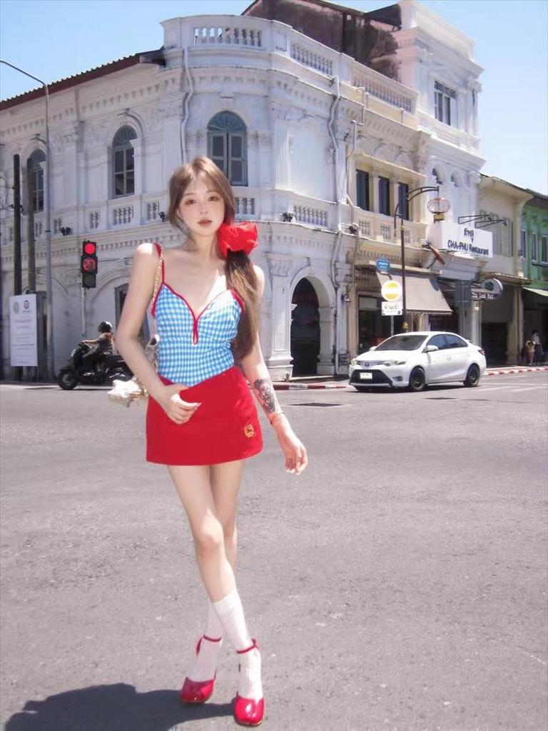 French Blue Gingham Retro Slimming Tie-Up One-Piece Swimsuit