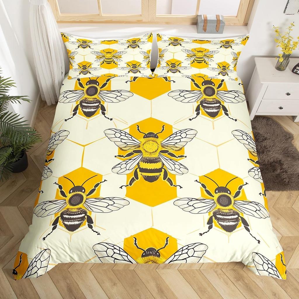 Cartoon Bee Duvet Cover Insect Honeybee Bedding Set Microfiber Wild Animal Comforter Cover King For Teens Boys Kawaii Home Decor