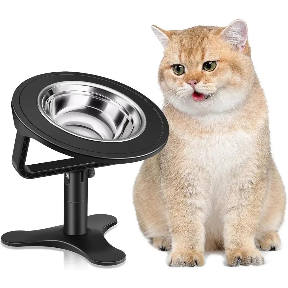 Raised Cat Bowls Elevated for Indoor Cats with Height-Adjustable Stand Non-Slip Stainless Steel Bowl 15° Tilted Kitten Food Bowl