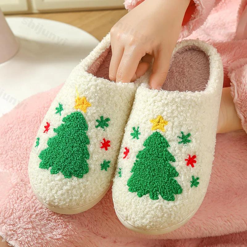 

Fashion New 2025 Winter Christmas Elk Cotton Slippers for Women Men Cute Cartoon Home Non Slip Couple Floor Slides Indoor Plush Shoes 36-37 земляничный