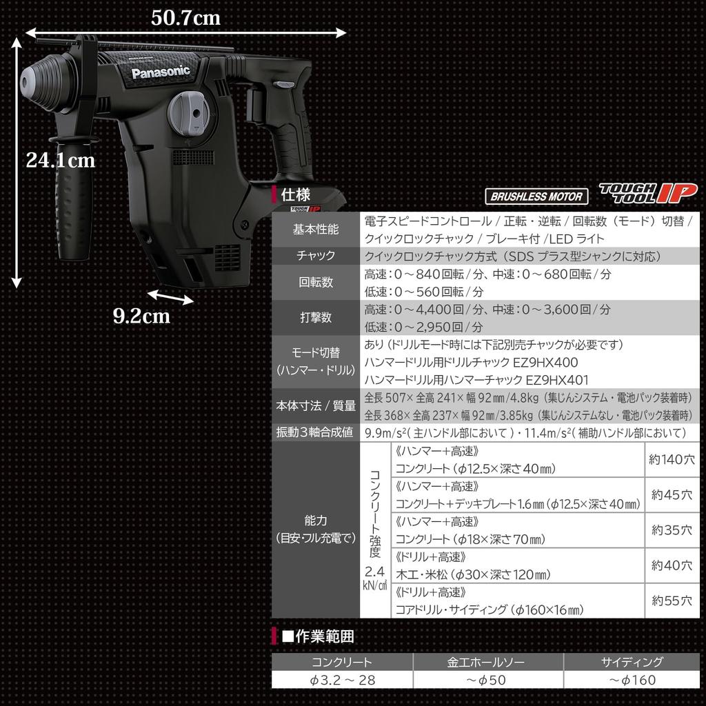 Panasonic Cordless Hammer Body Only and Dust Collection System Sold Concrete Up To Deck Red Drill, 28.8V, (Battery Pack, Charger, Case, Separately),