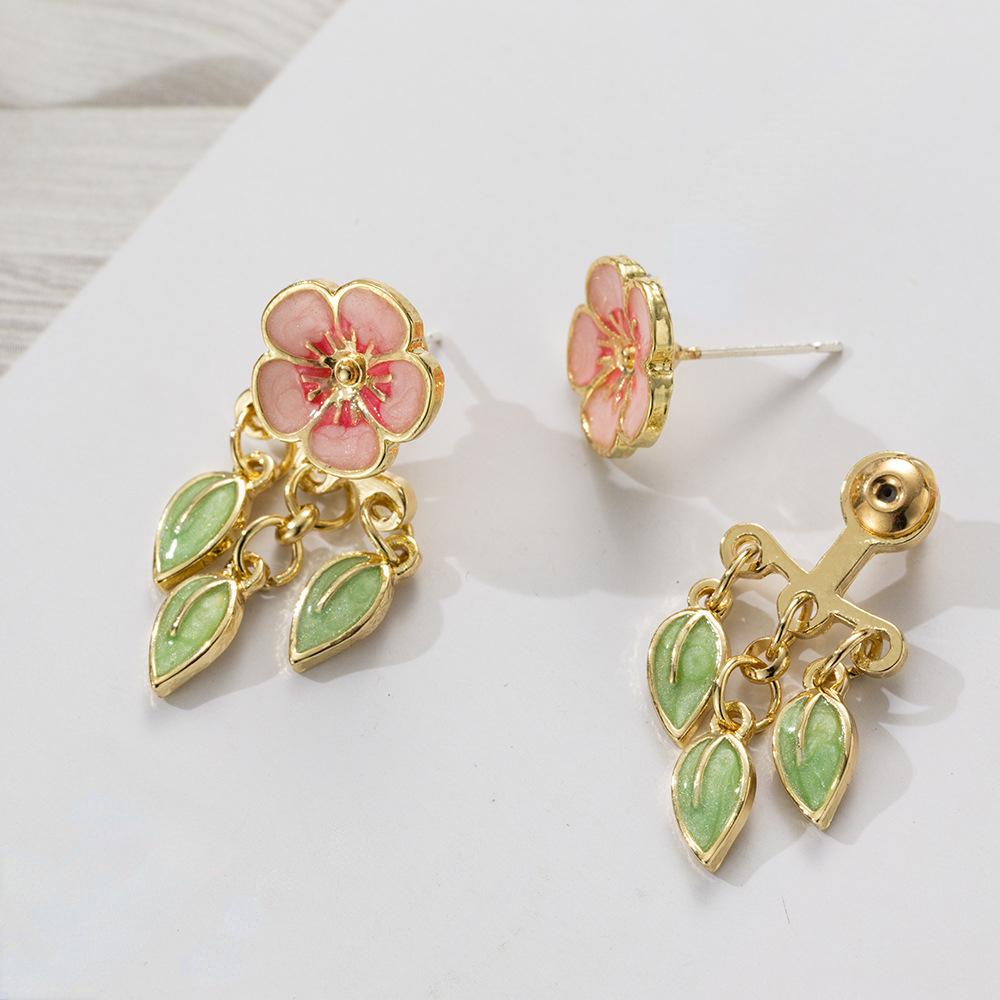 Stereo Peach Blossom Leaf Bordered Dangle Earrings, Alloy Baking Paint Bohemian Japanese And Korean Cute Style Drop Earrings For Women