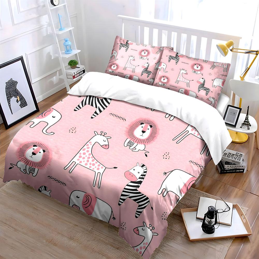 Grosstor Unisex Pink Jungle Animals Bedding Set Kid's And Adults' Bedroom Decor, Exquisite Three-Piece Bedding Set Gift