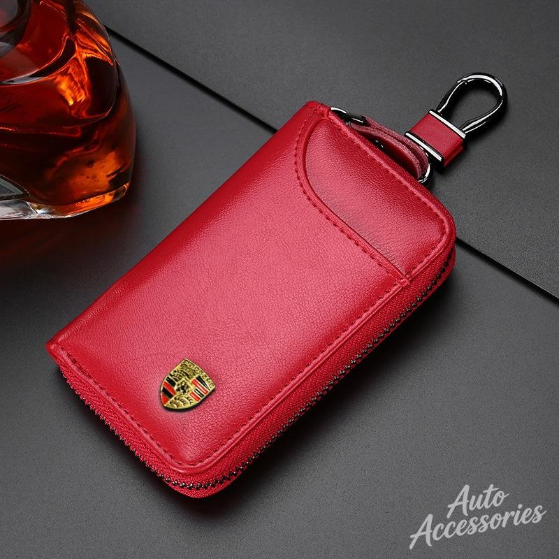 Car Leather Keychain Bag Keyring Storage Antiloss Pendant For Porsche Cayenne Panamera Macan 911 Taycan Boxster Cayman 918 Pajun EFD1