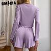GMXIA Long Sleeve Shorts Autumn and Winter O-Neck Pajamas Two Piece Women's Home