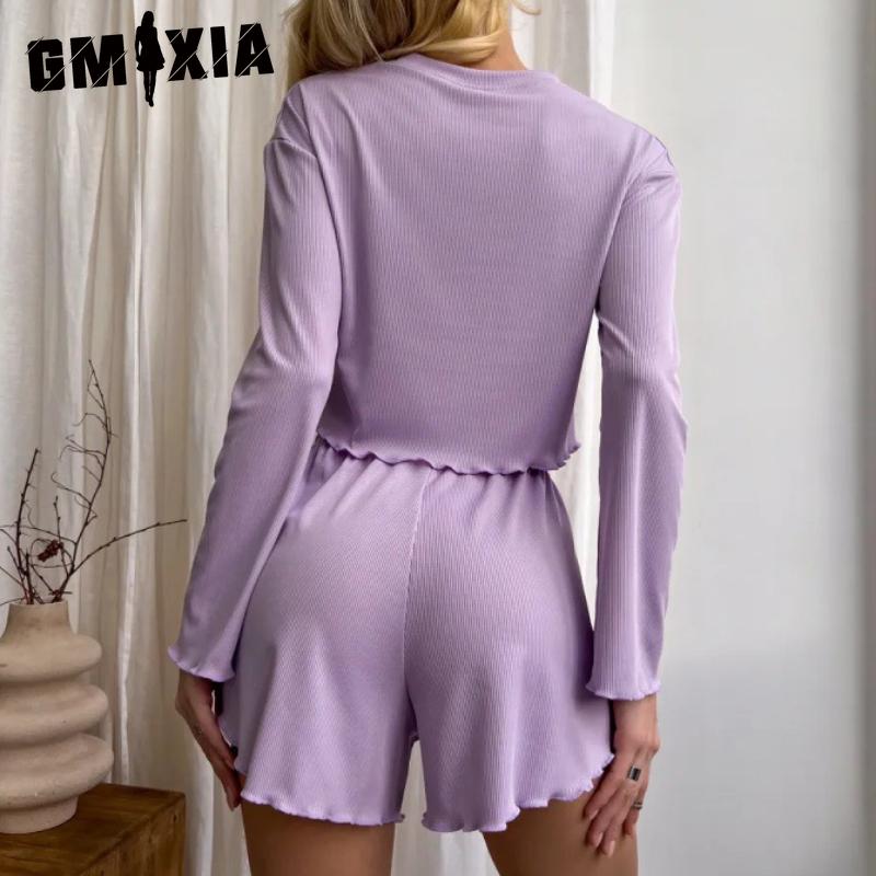 GMXIA Long Sleeve Shorts Autumn and Winter O-Neck Pajamas Two Piece Women's Home