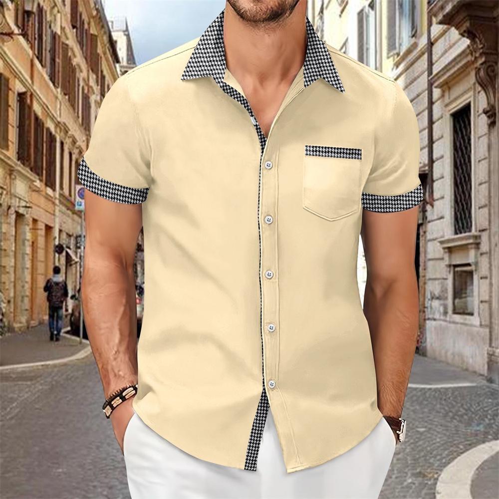 Patchwork printed shirt for men, solid color, comfortable and soft short sleeve top, large size, summer New