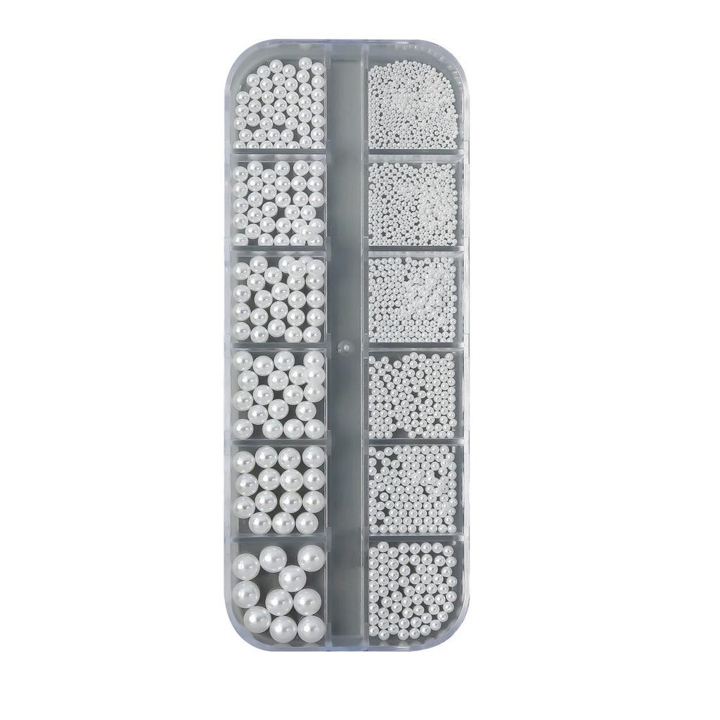 12-Grid High-Gloss Pearl Rice White Nail Art Decorations: 6-Piece Round and Half-Round Mixed Size Set