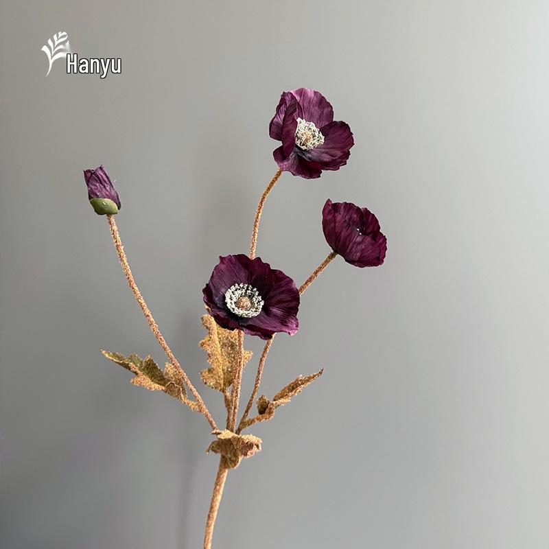 Autumn Poppy Flocked Artificial Flowers for Wedding and Home Decor