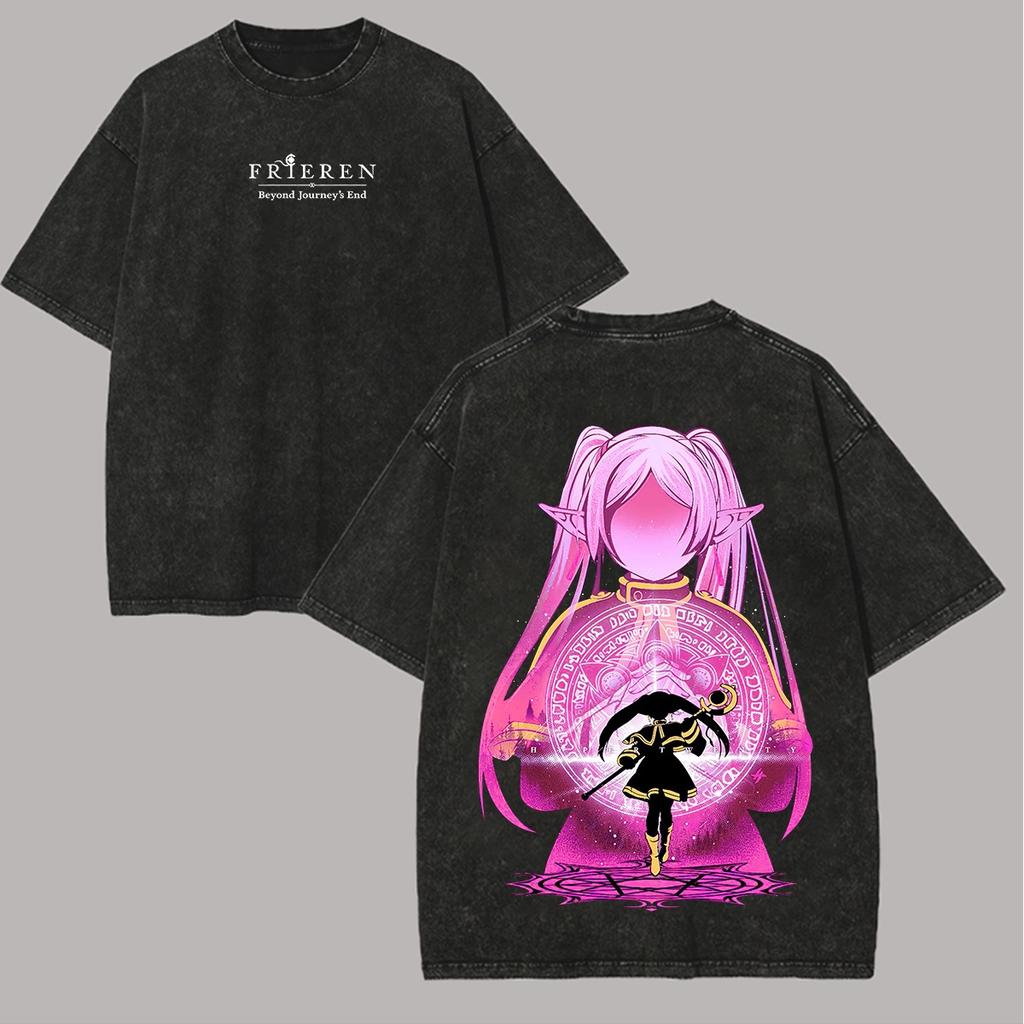 Anime Cute Frieren Graphic T-shirt for Men Women Clothing Harajuku Washed Cotton Streetwear Oversized Short Sleeve Tee Shirt