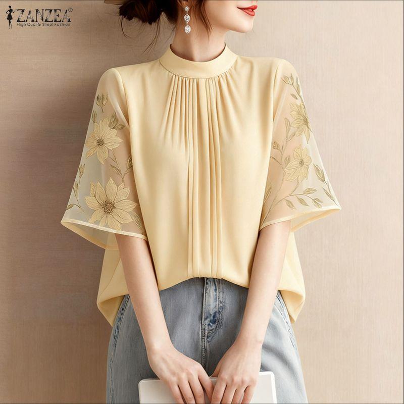 ZANZEA Women Casual Round Neck Splice Half Sleeve Summer Blouse