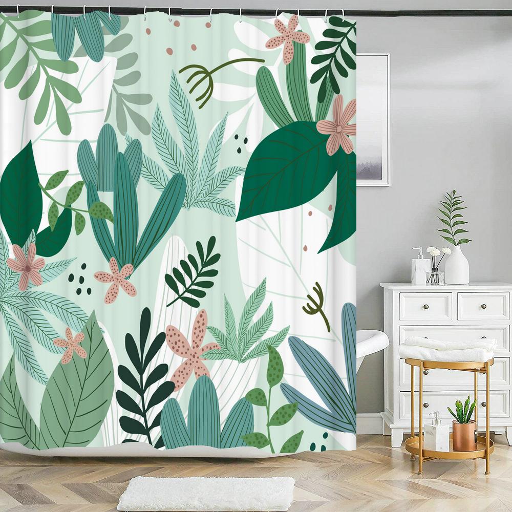 High Quality Green Plant leaves Fabric Shower Curtain Waterproof Monstera leaf Bath Curtains for Bathroom Decor with Hooks