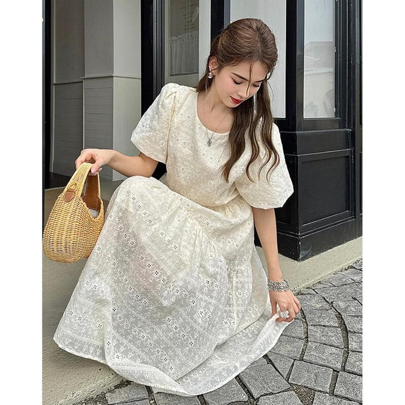 Demana French Style Jacquard Embroidered Puff Sleeve A-line Dress M