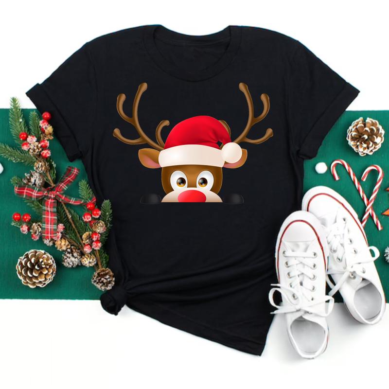Funny Santa Claus with Christmas Elk Print Women T Shirt Casual Short Sleeve O-Neck Red Tshirt Ladies Y2k T-shirt Female