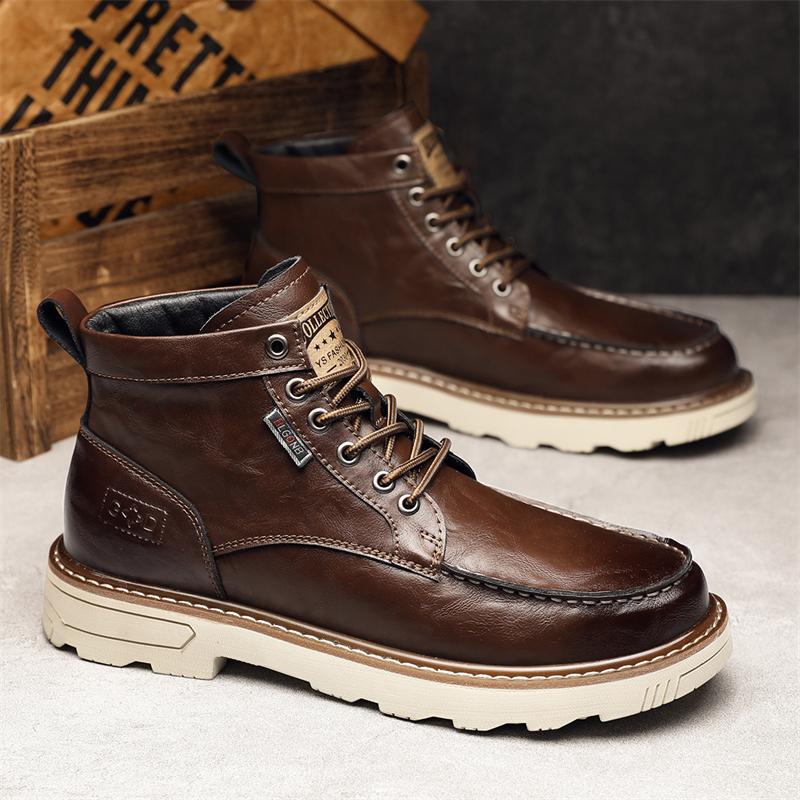 Fashion 2025 Mens Thick Bottom Boots Leather Fashion Non-Slip Motorcycle Ankle Boots British Style Comfortable Versatile Business Shoes