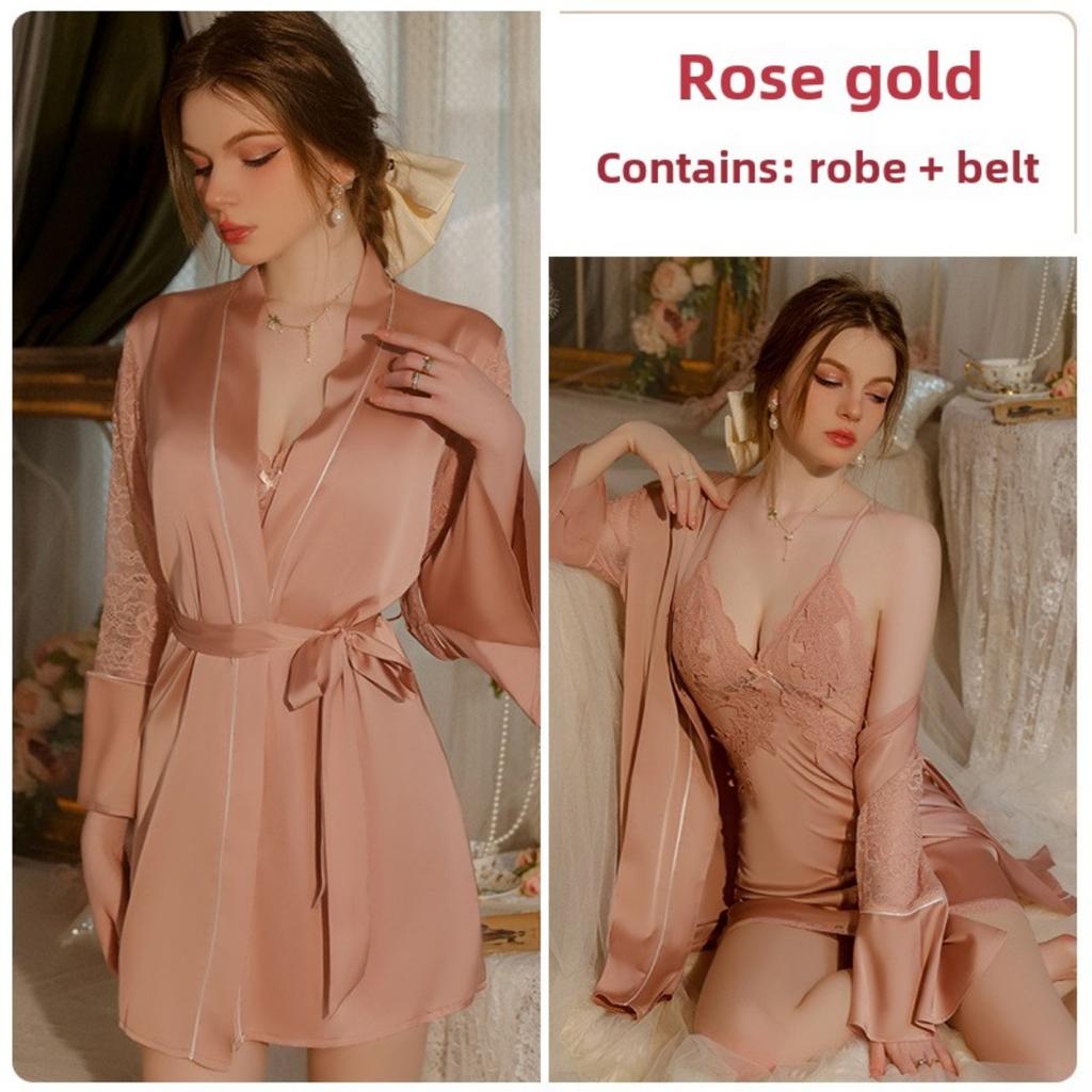 Satin Chest Pad Suspender Nightdress Sexy Deep V Lace-up Nightgown Loungewear Set