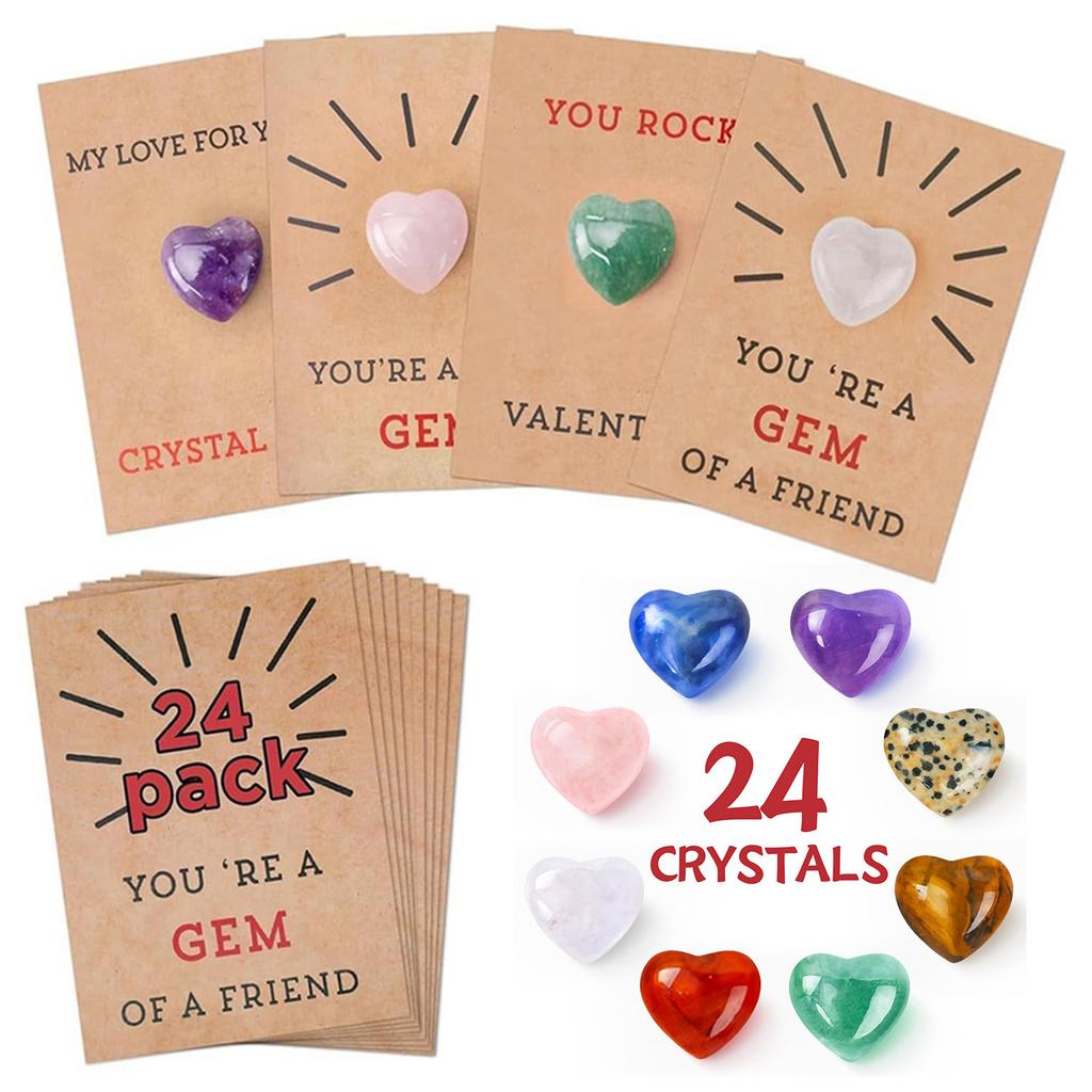 24Pcs Valentine's Day Cards with Love Hearts Valentines Gift Cards Heart-Shape Stone Valentine Exchange Card for School Party