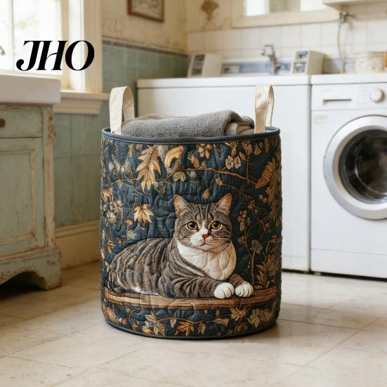 Laundry Basket for Bedroom Quilted Foldable Boho Fabric Hamper Cute Cat Storage Clothes Toys Blankets Nursery Bathroom