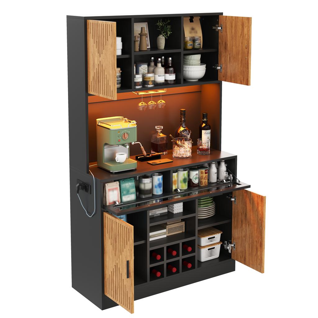 Küchenschrank, Hoher Vorratsschrank mit LED-Beleuchtung und Steckdosen, Glas-Klapptür, Glasablage und herausnehmbarer Weinregal, 105 × 40 × 180 cm